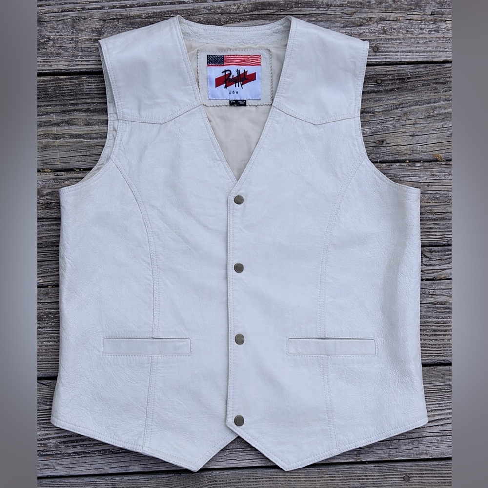 Vintage Philip Noel USA Genuine Leather White Vest Snap Front Biker Moto 2XL
